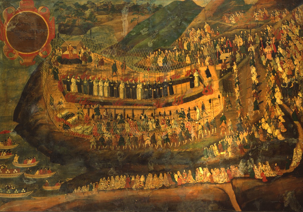 Ornamenterad Namban-skärm som visar jesuiternas martyrskap, 1622 av Japanese School