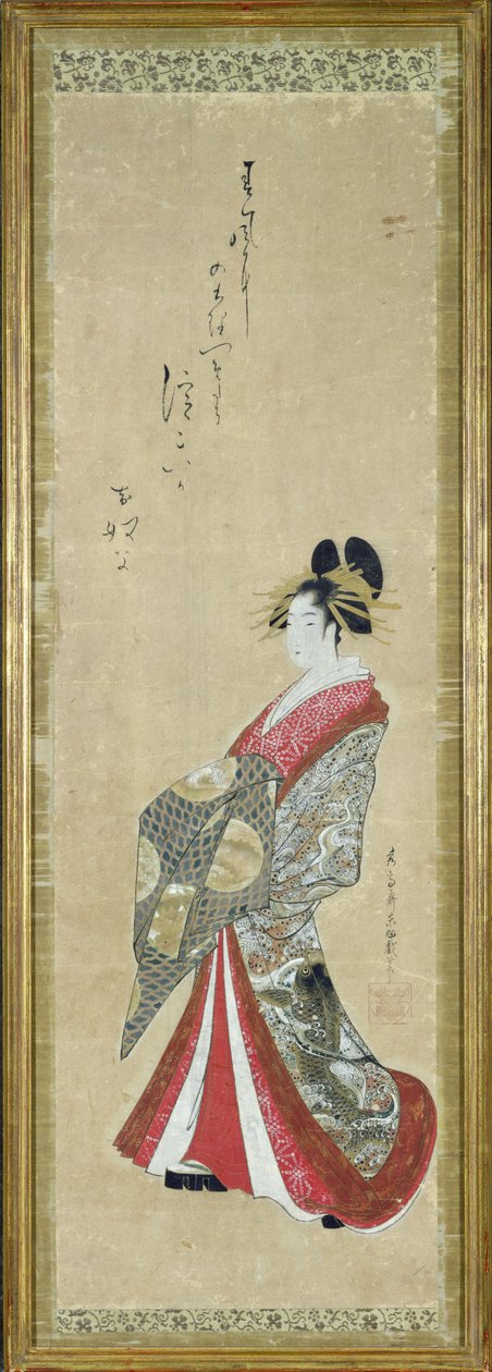 Porträtt av en ung kurtisan (penna och bläck med tvätt på papper) av Japanese School