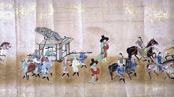 Sjätte koreanska ambassaden till Japan i Meireki 1 vid tiden för Tokugawa Ietsunas succession 1651, möjligen av Kano Masunobu (1625-94) (rullmålning) (detalj) (se även 120834) av Japanese School