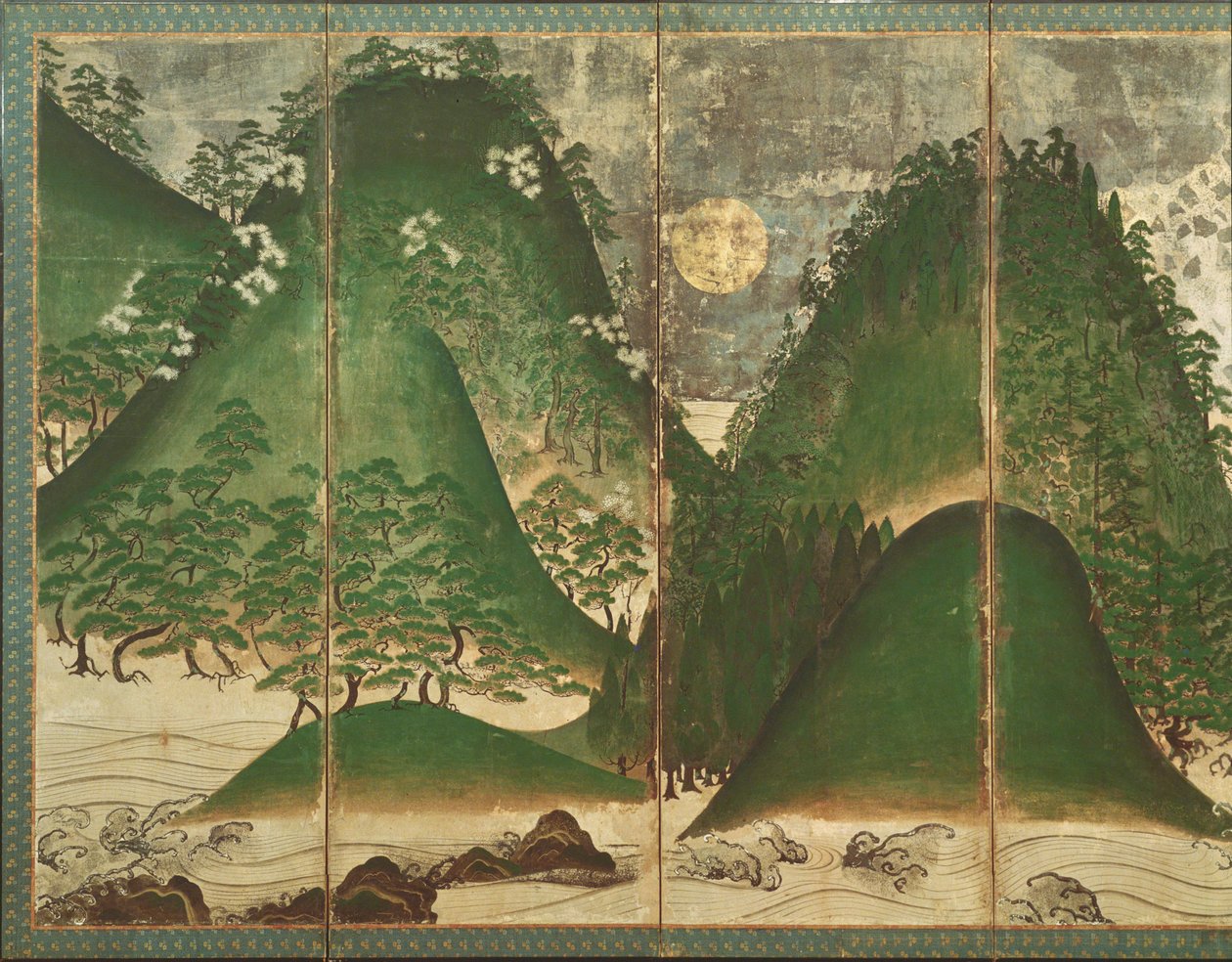 Vårlandskap med sol, del av en vikskärm med sex paneler (färg på papper) (se 216550) av Japanese School