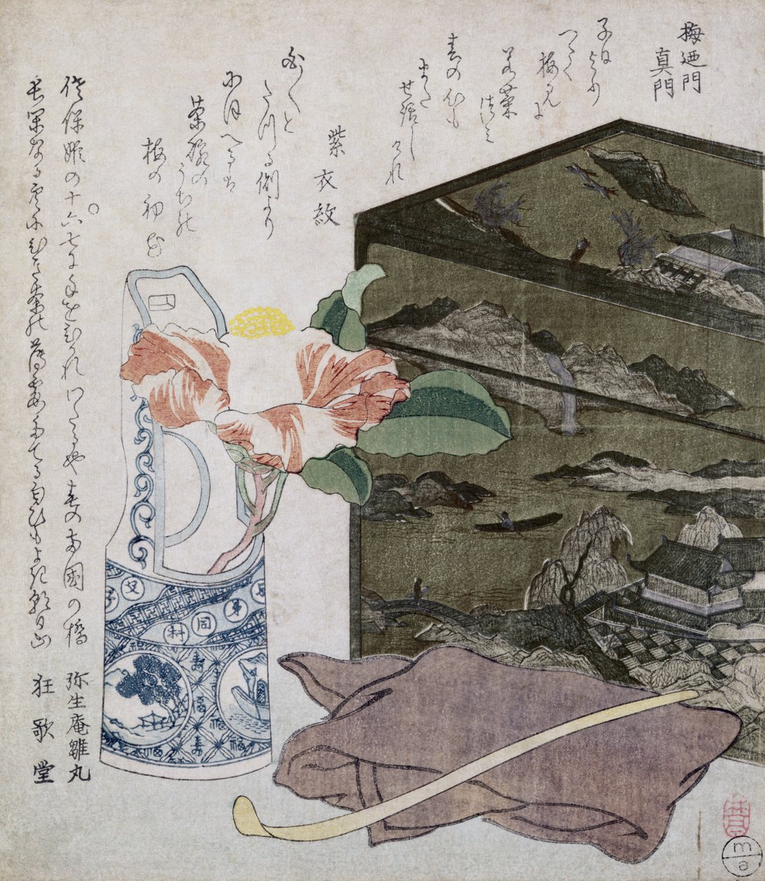 Stilleben med en kamelia, ca 1820 (trätryck i färg) av Japanese School