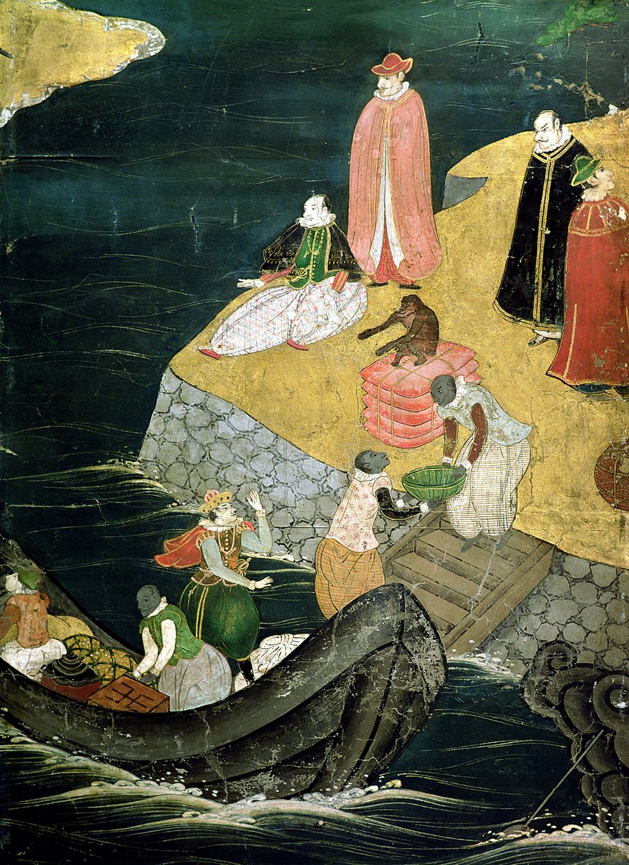 Portugisernas ankomst till Japan, detalj om lastning av last från en Namban Byobu-skärm, 1594-1618 av Japanese School