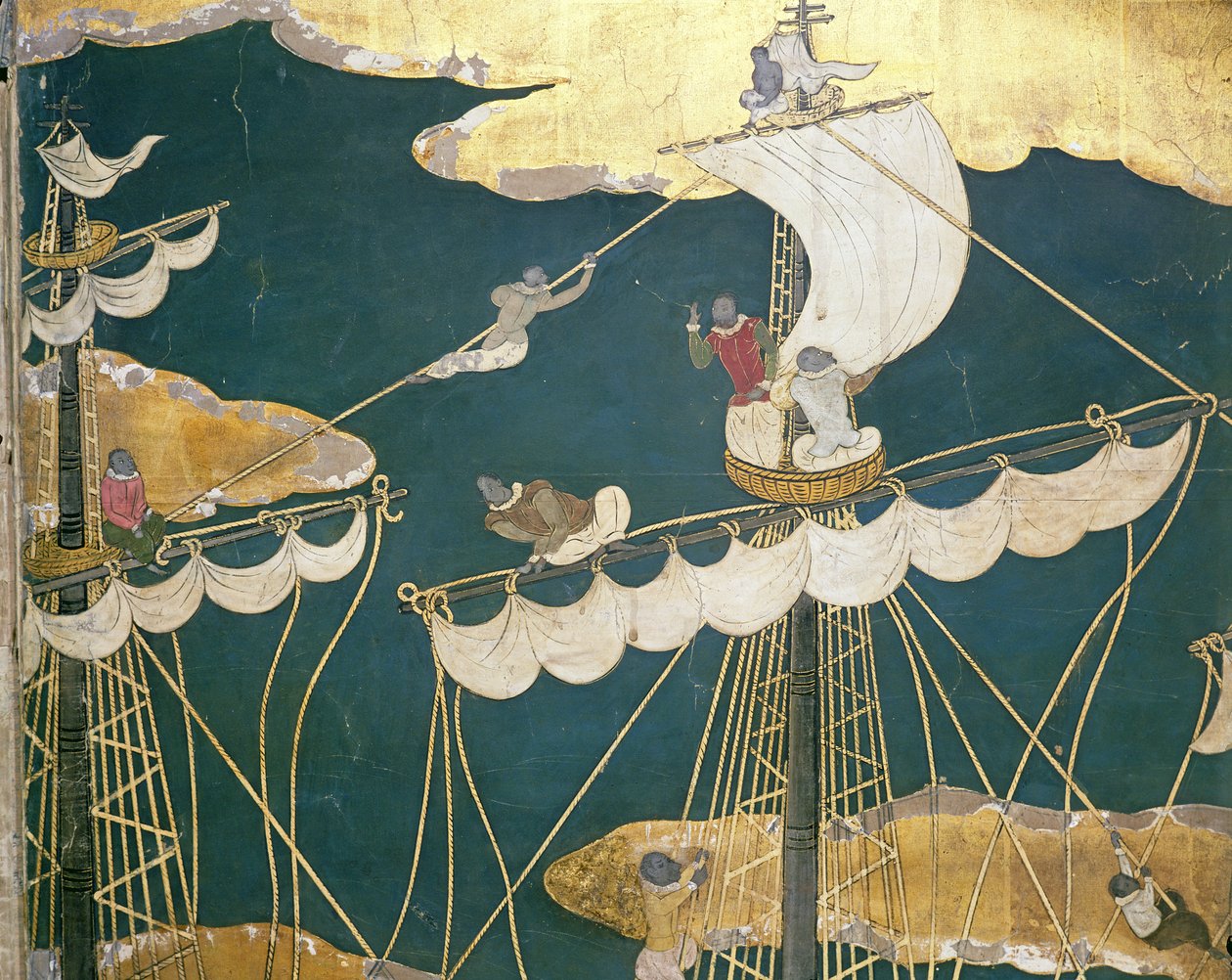 Portugisernas ankomst till Japan, detalj av skeppsmast och kråkbo, från en Namban Byobu-skärm, 1594-1618 av Japanese School