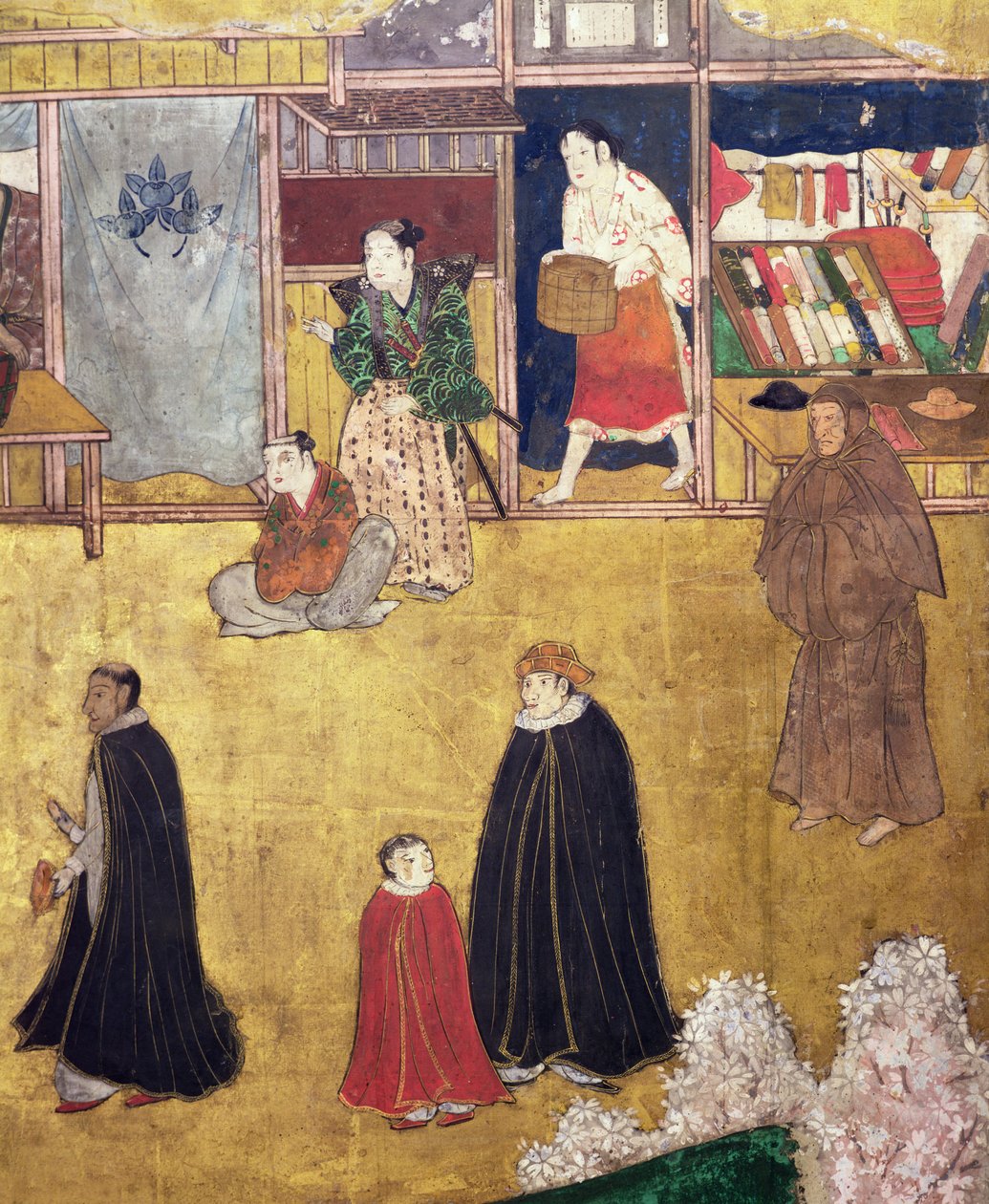 Portugisernas ankomst till Japan, detalj av butiker från en Namban Byobu-skärm, 1594-1618 av Japanese School