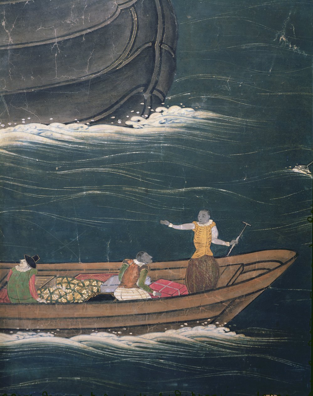 Portugisernas ankomst till Japan, detalj av litet skepp med last, från en Namban Byobu-skärm, 1594-1618 av Japanese School