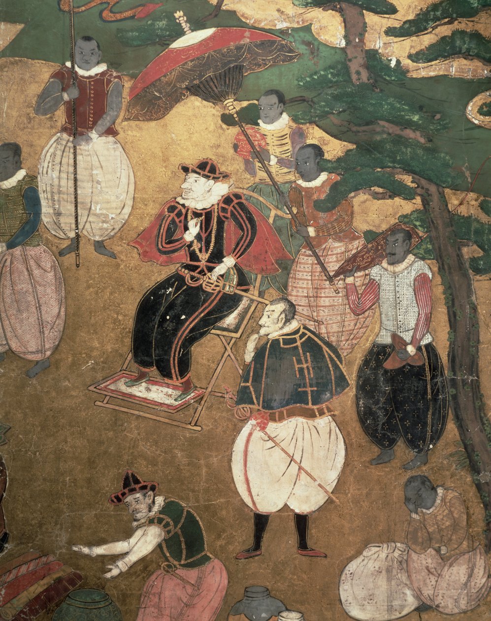 Portugisernas ankomst till Japan, detalj av portugiserna som befaller landstigningen från en Namban Byobu-skärm, 1594-1618 av Japanese School
