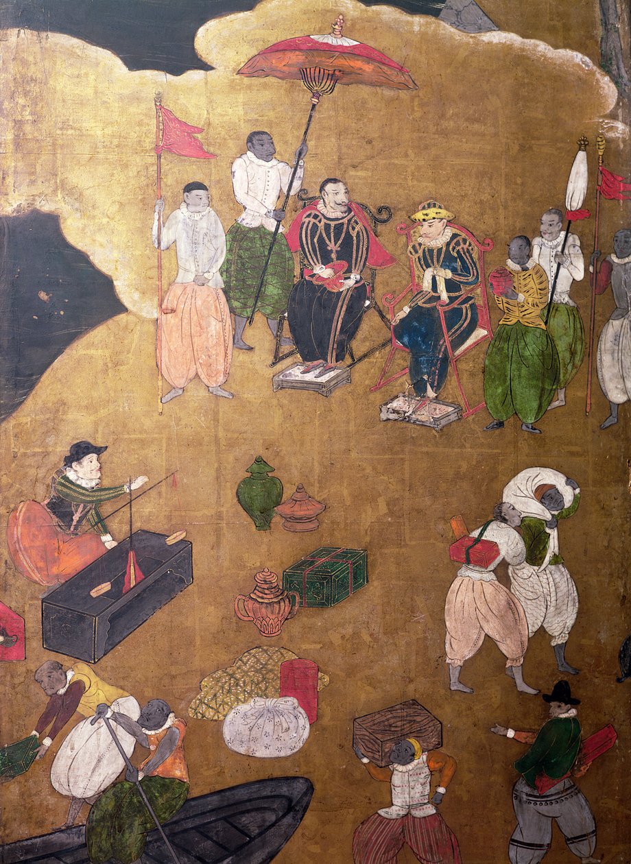 Portugisernas ankomst till Japan, detalj av portugiserna som befaller landstigningen, från en Namban Byobu-skärm, 1594-1618 av Japanese School