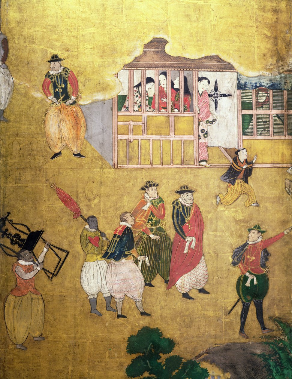 Portugisernas ankomst till Japan, detalj av portugiserna från en Namban Byobu-skärm, 1594-1618 av Japanese School