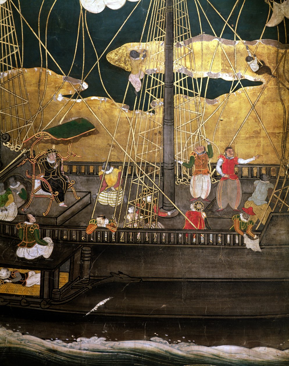 Portugisernas ankomst till Japan, detalj av det portugisiska skeppet, från en Namban Byobu-skärm, 1594-1618 av Japanese School