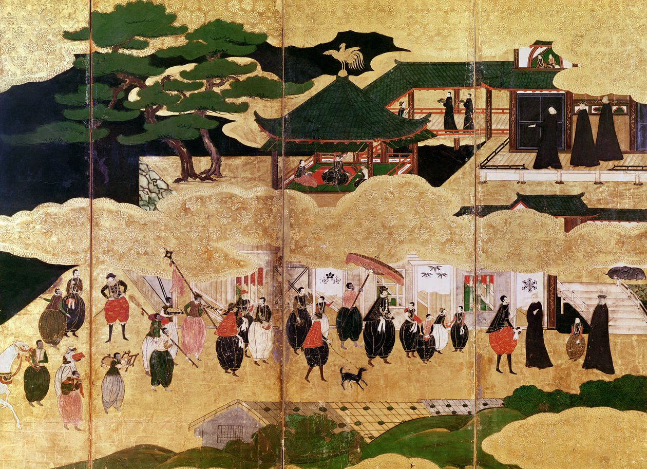 Portugisernas ankomst till Japan, detalj av den högra delen av en vikskärm, Kano School (lack) av Japanese School