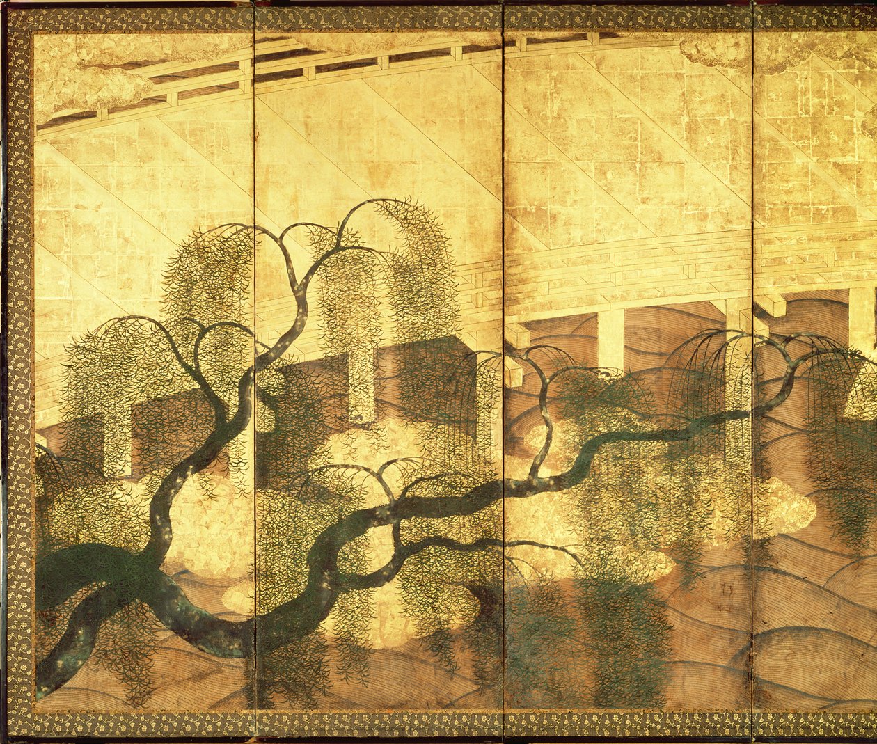 Bron över Lijifloden (penna och bläck, färg och guldpapper på panel) (se 216570) av Japanese School
