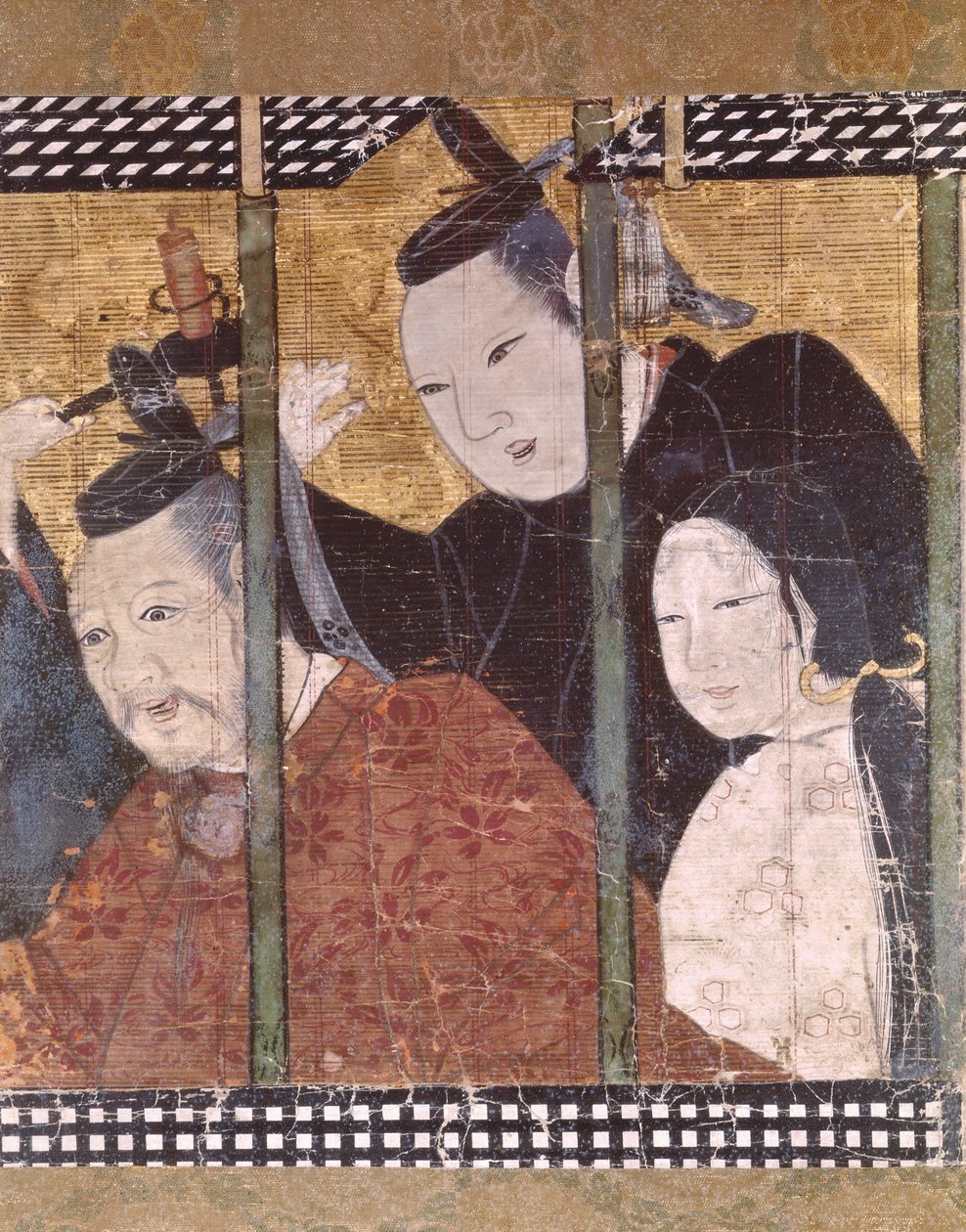 Två män och en kvinna bakom en markis, detalj från en skärm, 1400-1700-tal av Japanese School