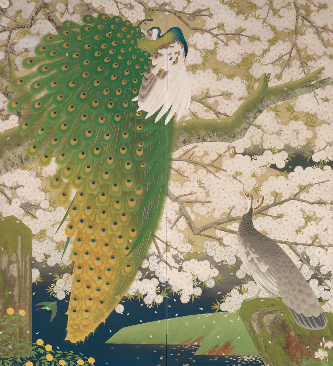 Peacocks and Cherry Tree, ca. 1925 (metal og farve på papir) swed av Japanese School