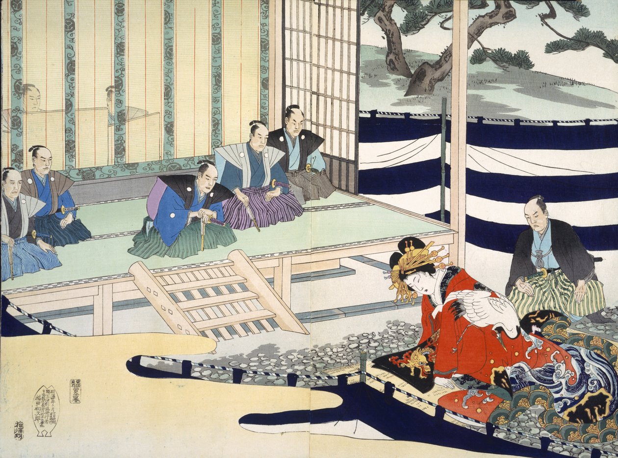 En man förhör en kvinna, från ett 1800-talsalbum med träsnitt (träblock i färg) av Japanese School