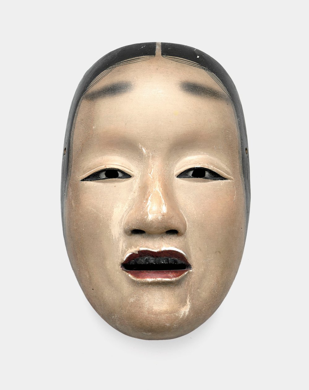 En trämask med gofun botten, målad med sumi för håret, ögonen och tänderna och rött för läpparna av Japanese School