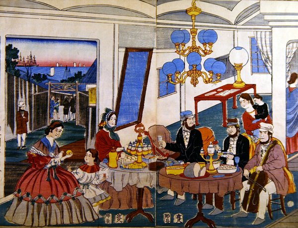 Amerikansk eller europeisk familj i Japan, ca 1860 (träsnitt i färg) av Japanese School