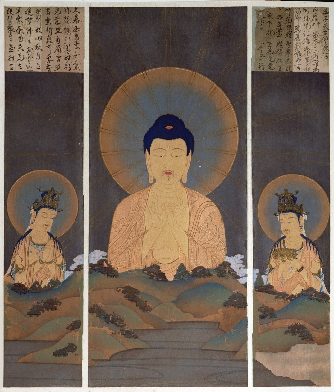 Föreställning av den buddhistiska treenigheten, Buddha Amitabha och hans två Bodhisattva, Kannon (Medkänsla)  Seishi (Visdom) på berget, illustration från tidskriften "Kokka", januari 1909 (färglitografi) av Japanese School