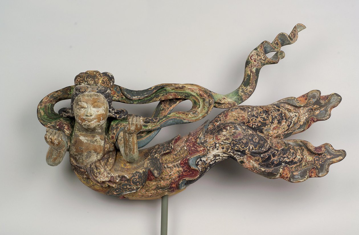 Apsaras, 1600-1700-tal (polykromt trä) av Japanese School