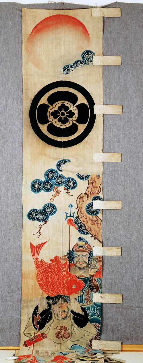 Banner (nobori), detalj av Seven Gods of Fortune-motiv, familjevapen, blomma i cirkel, i bomull, Färgad i reserv med risstärkelse, med pigment, bläck, kemikalier, bläck, japansk civilisation, Meiji-Taisho-perioden, 1900-talet av Japanese School