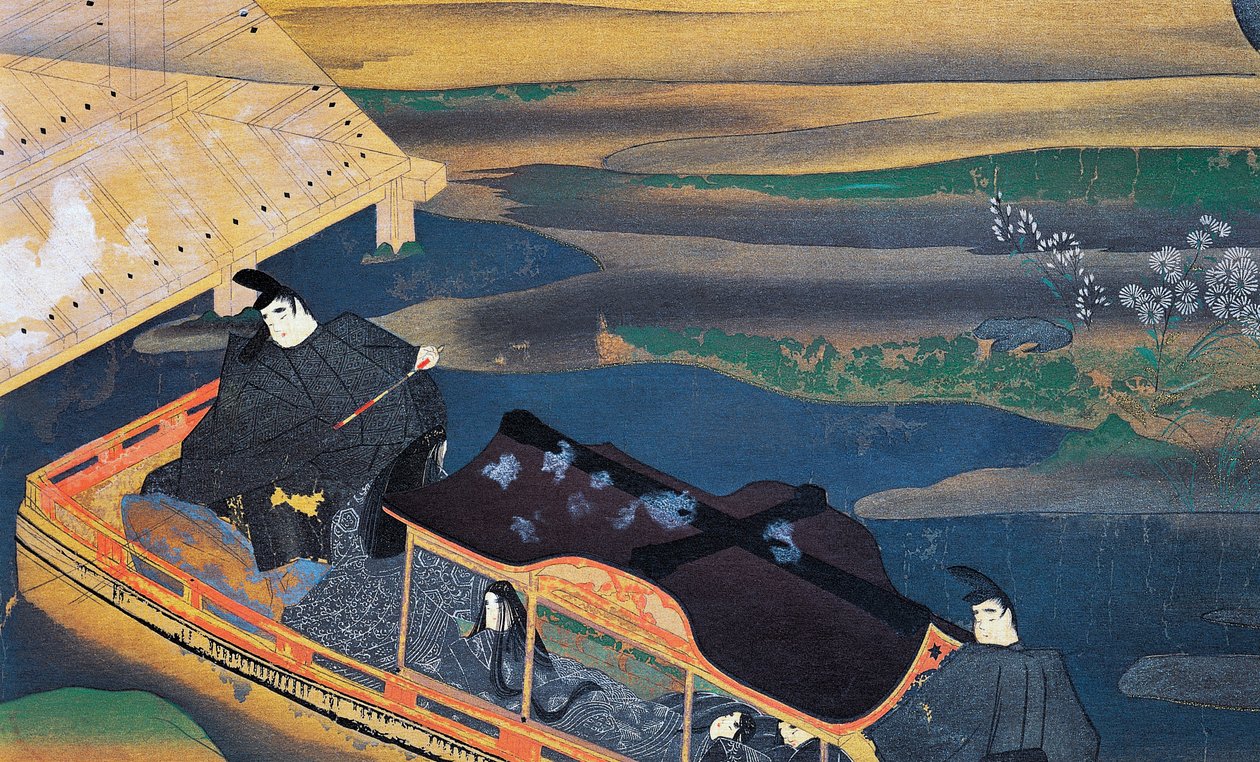 Båt i månskenet, av Fujiwara Nobuzane (1176-1265), illustration från Murasaki Shikibus dagbok, japansk civilisation av Japanese School
