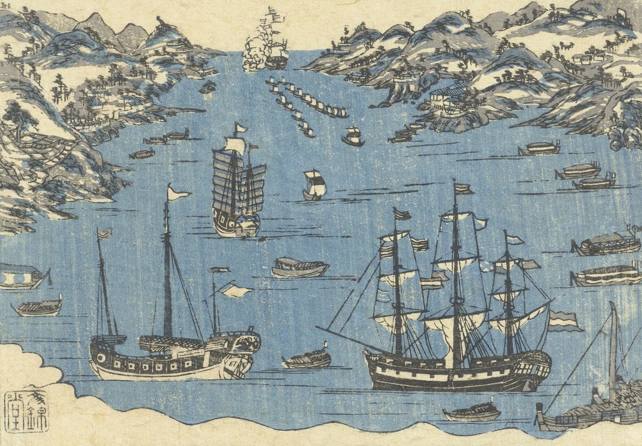 Bunkindotryck av utländska fartyg i hamnen i Nagasaki, 1800-50 av Japanese School