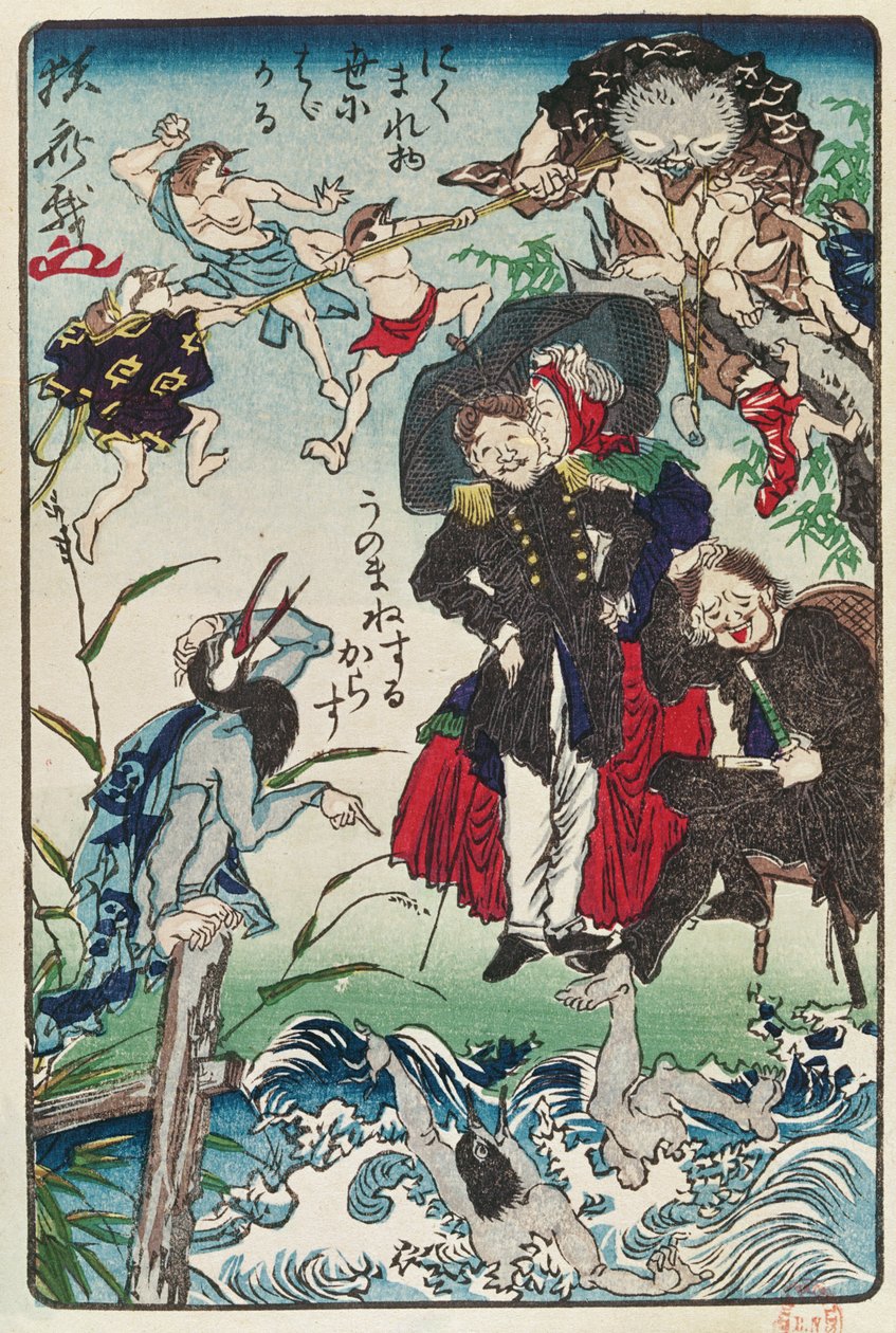 Karikatyr av japaner som bär västerländska kläder, ca 1870 (trätryck i färg) av Japanese School