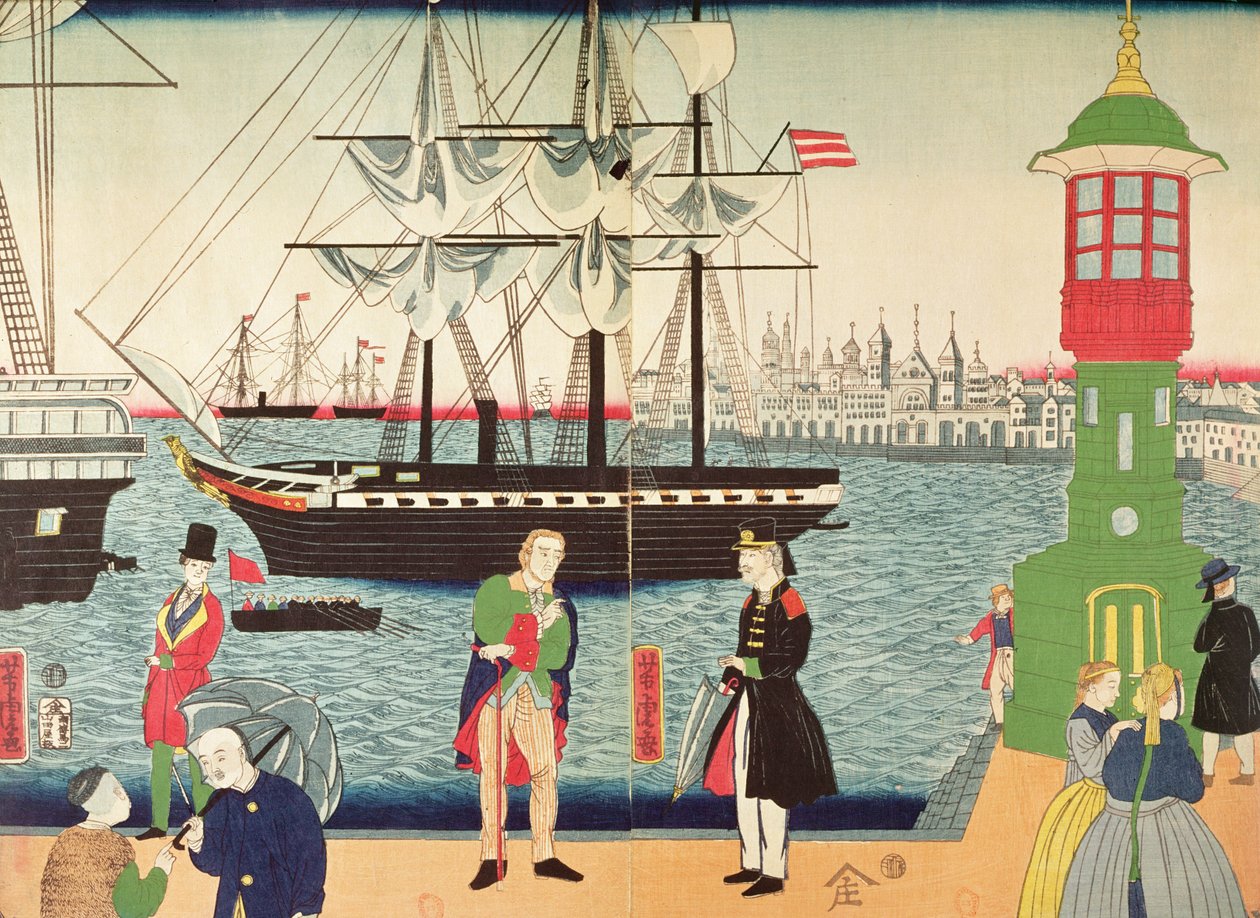 Staden Paris, som föreställts av en japansk konstnär, ca 1859 (träsnitt i färg) av Japanese School