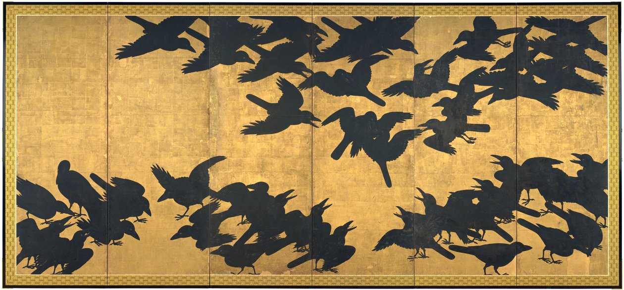 Kråkor, tidigt 1600-tal (par med sex panelskärmar; bläck och guld på papper) av Japanese School