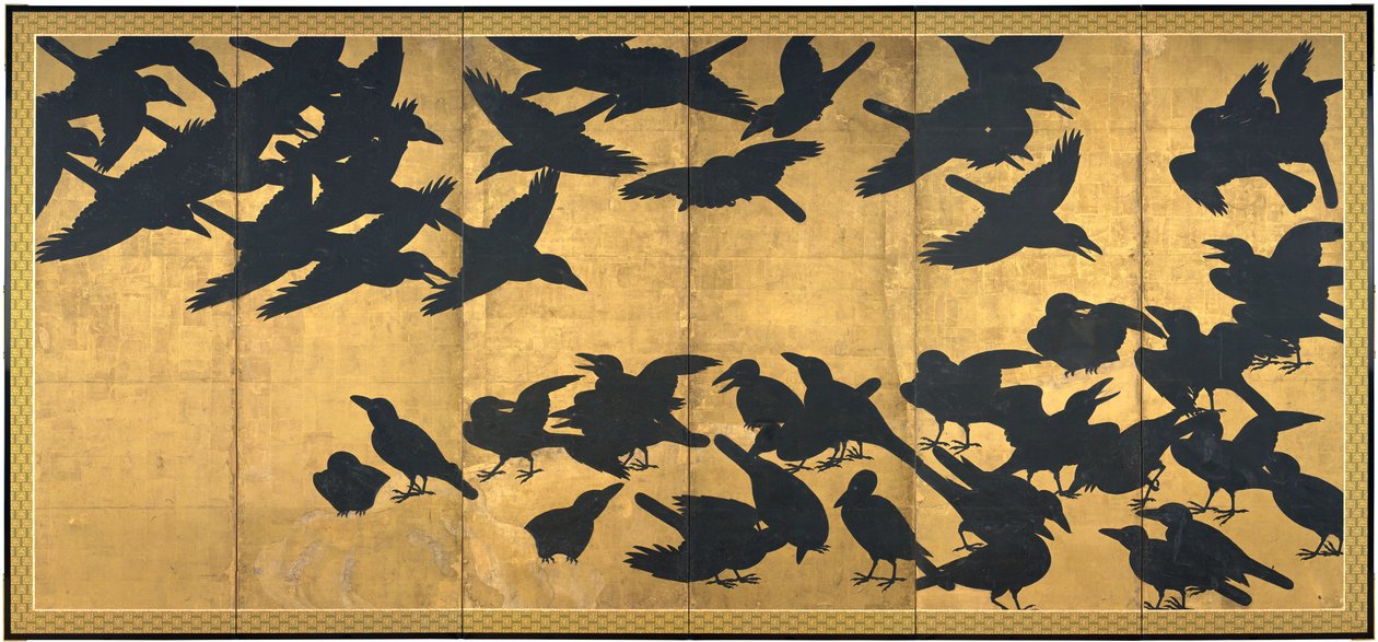 Kråkor, tidigt 1600-tal (par med sex panelskärmar; bläck och guld på papper) av Japanese School