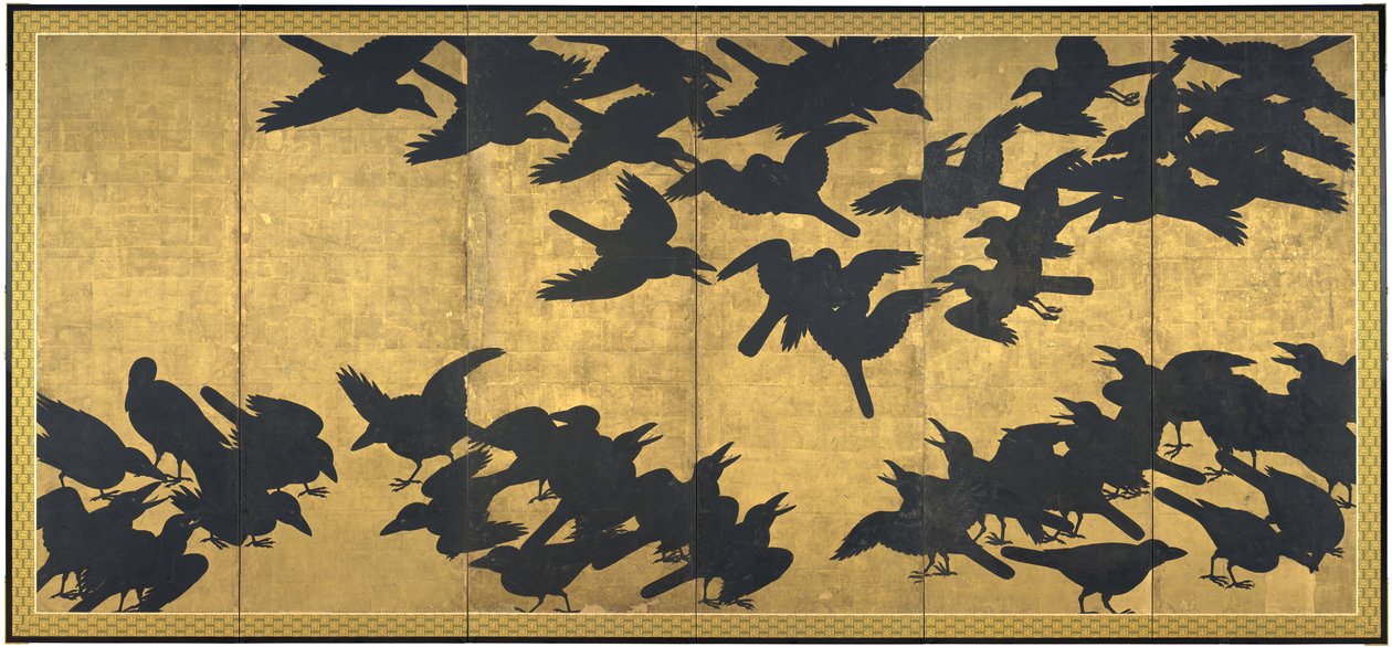 Kråkor, tidigt 1600-tal (par med sex panelskärmar; bläck och guld på papper) av Japanese School