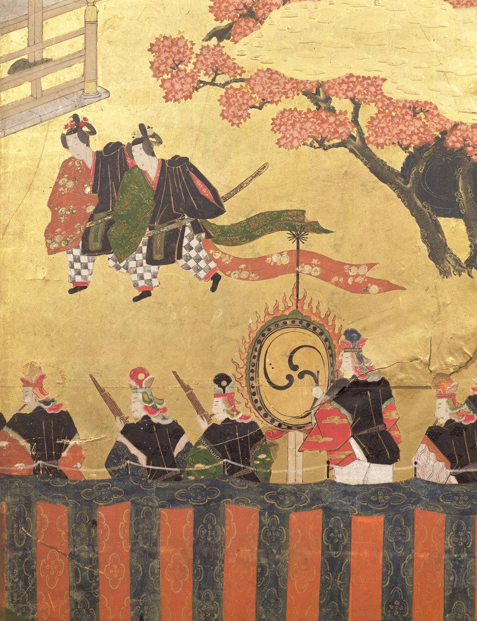Detalj från en skärm med fyra blad som visar två hovmän som bär kazaritachi och soldater, Tosa School, Edo Period (färger, bläck, gofun och guld på papper) av Japanese School