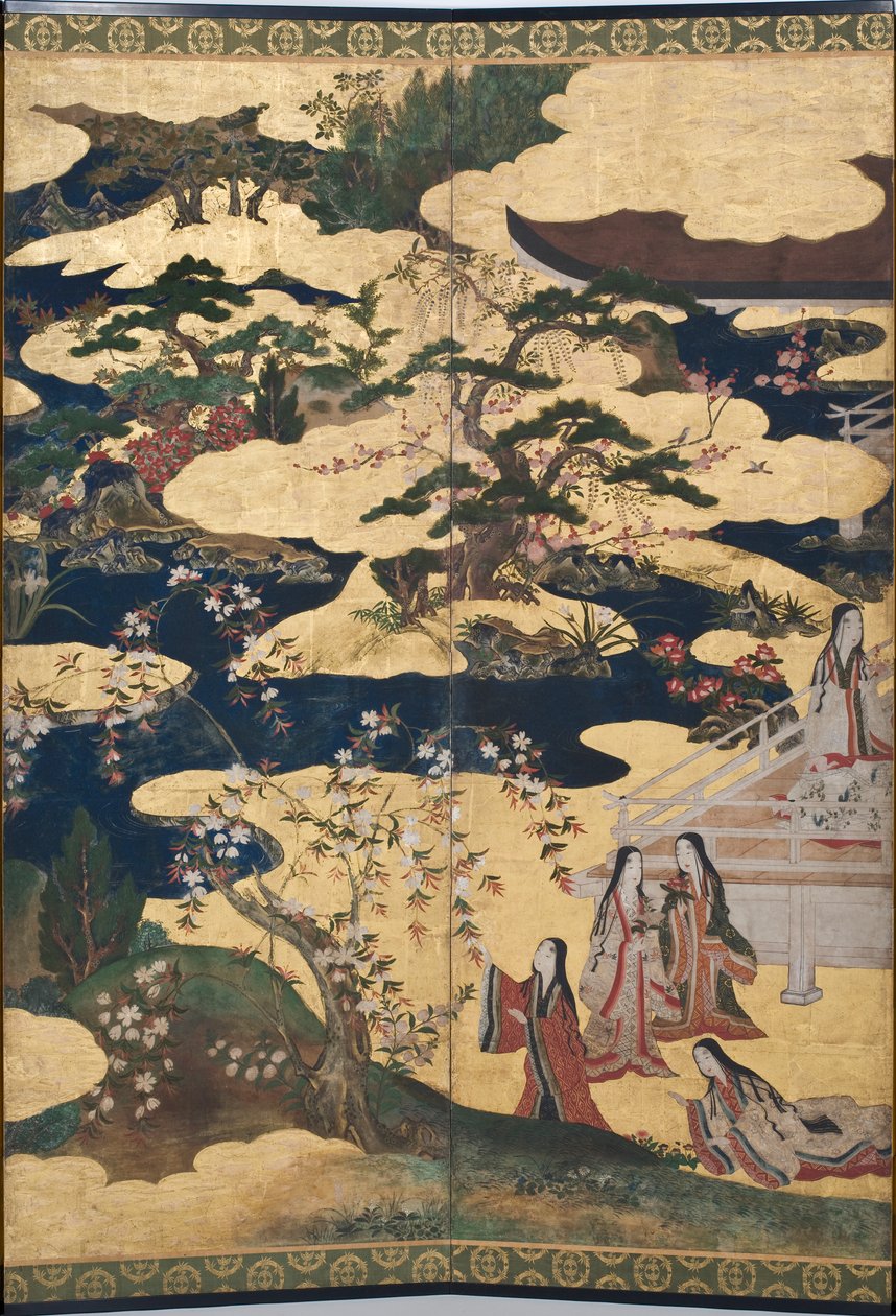 Detalj av våren i palatset, sexfaldig skärm från The Tale of Genji, ca 1650 (bläck, färger och guld på papper) av Japanese School