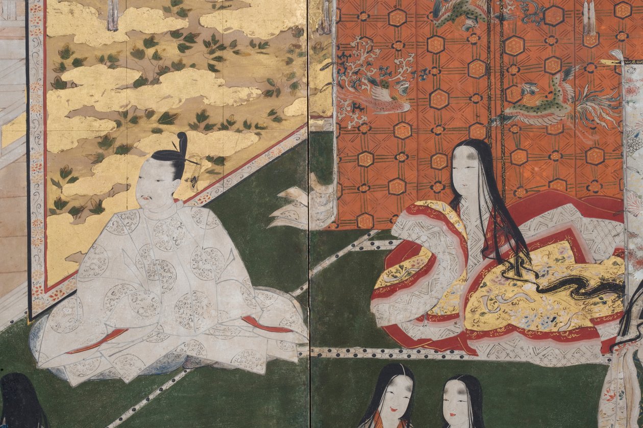 Detalj av våren i palatset, sexfaldig skärm från The Tale of Genji, ca 1650 (bläck, färger och guld på papper) av Japanese School