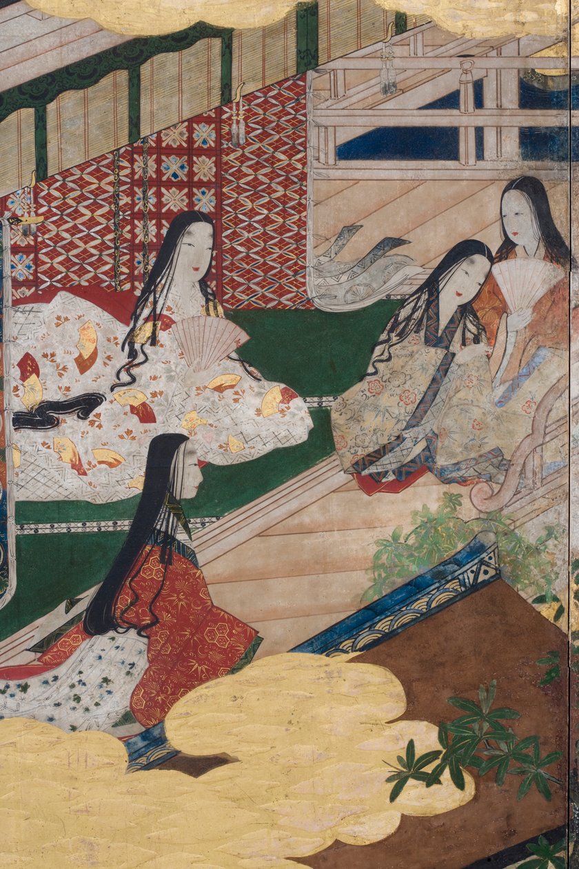 Detalj av våren i palatset, sexfaldig skärm från The Tale of Genji, ca 1650 (bläck, färger och guld på papper) av Japanese School