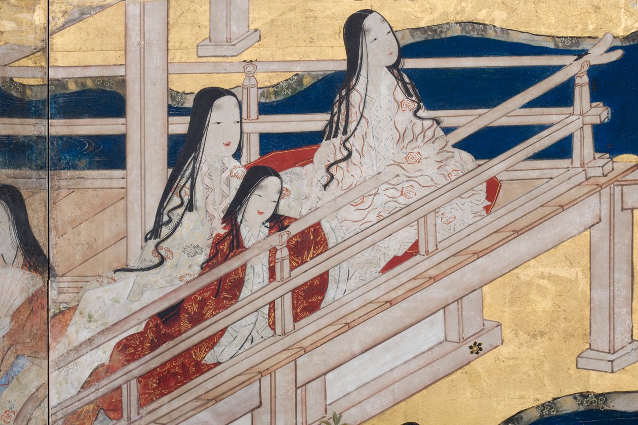 Detalj av våren i palatset, sexfaldig skärm från The Tale of Genji, ca 1650 (bläck, färger och guld på papper) av Japanese School