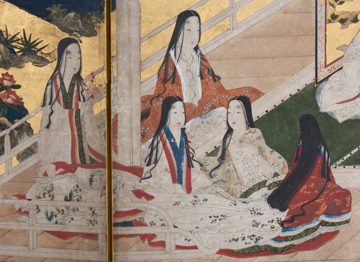 Detalj av våren i palatset, sexfaldig skärm från The Tale of Genji, ca 1650 (bläck, färger och guld på papper) av Japanese School