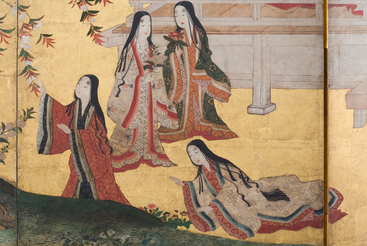 Detalj av våren i palatset, sexfaldig skärm från The Tale of Genji, ca 1650 (bläck, färger och guld på papper) av Japanese School