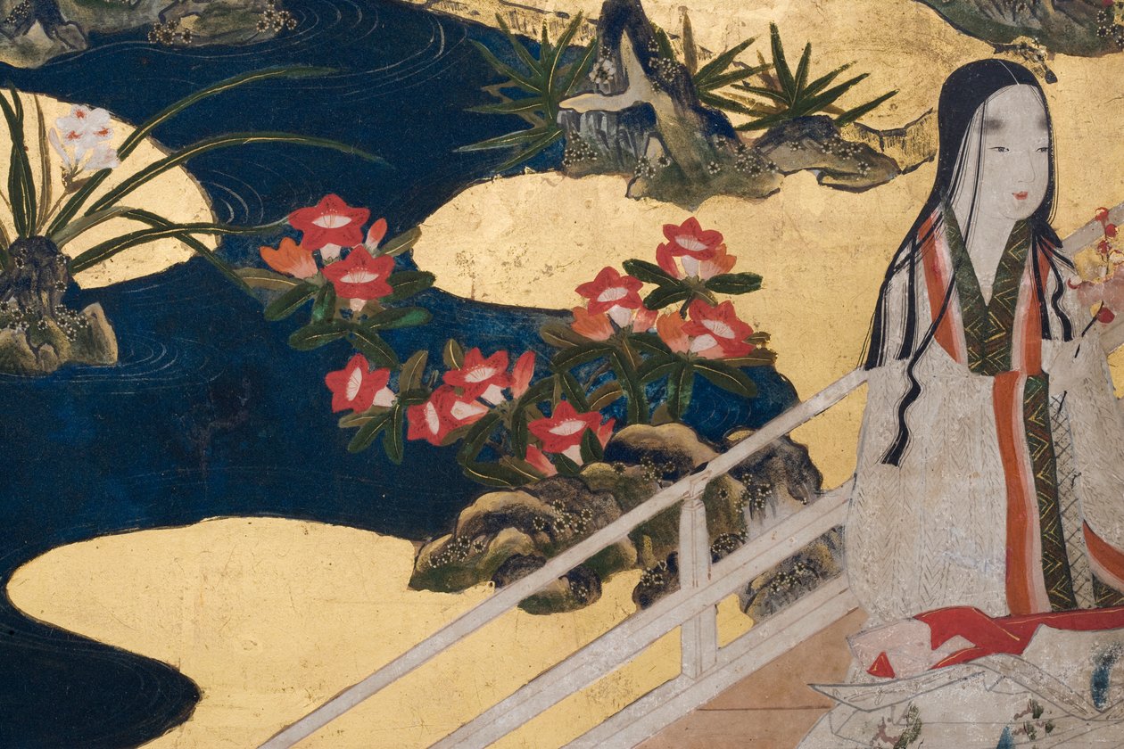 Detalj av våren i palatset, sexfaldig skärm från The Tale of Genji, ca 1650 (bläck, färger och guld på papper) av Japanese School