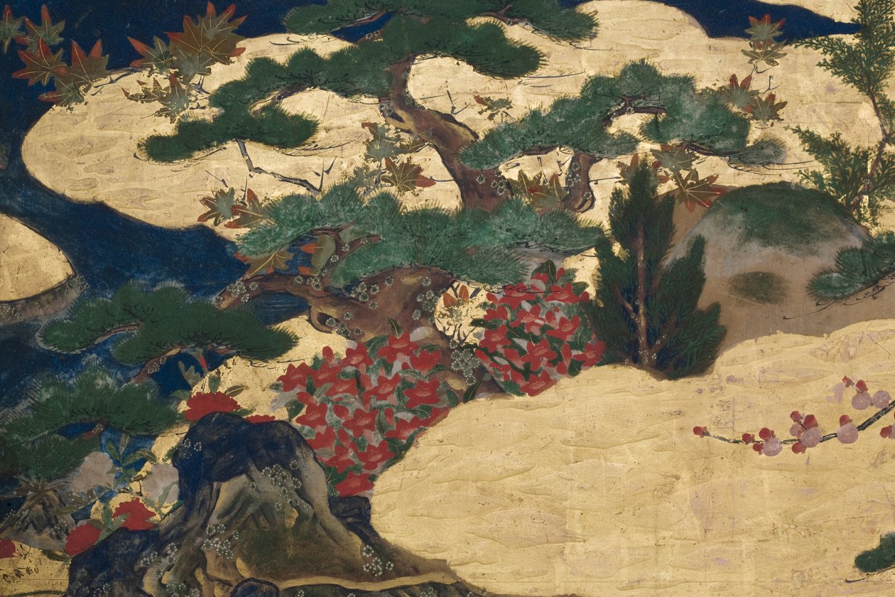 Detalj av våren i palatset, sexfaldig skärm från The Tale of Genji, ca 1650 (bläck, färger och guld på papper) av Japanese School