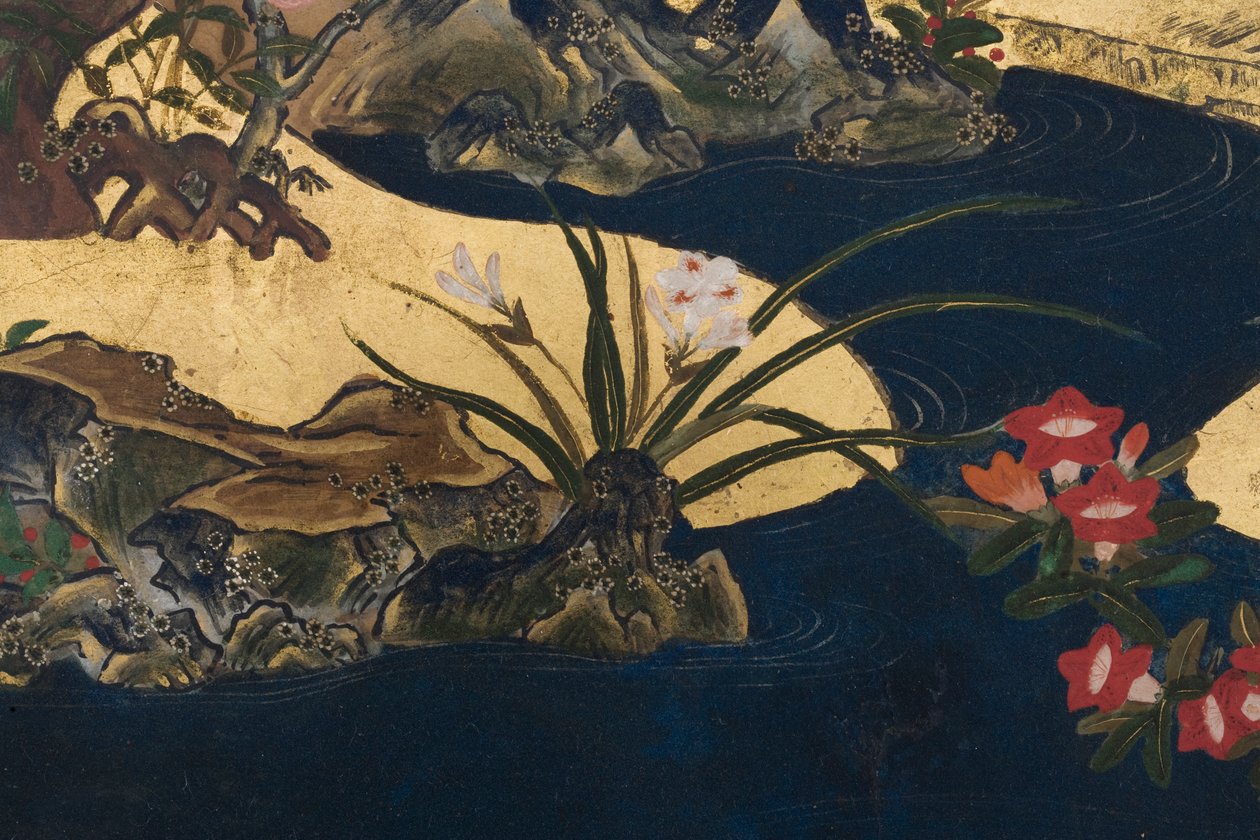 Detalj av våren i palatset, sexfaldig skärm från The Tale of Genji, ca 1650 (bläck, färger och guld på papper) av Japanese School