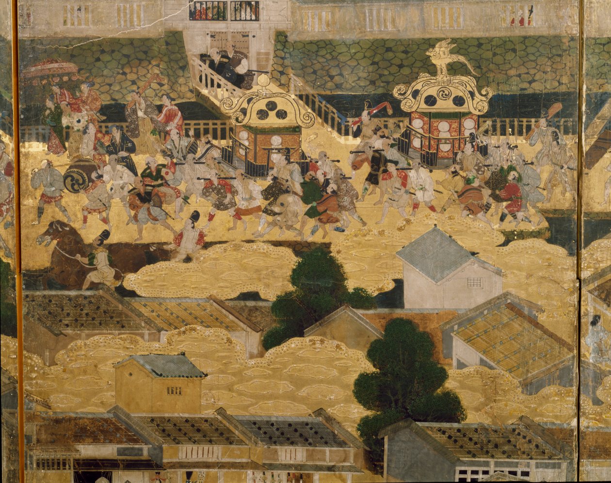 Detalj av Vyer i och omkring Kyoto (Rakuchu rakugai zu), ca 1616-24 (bläck, färg och bladguld på papper) av Japanese School