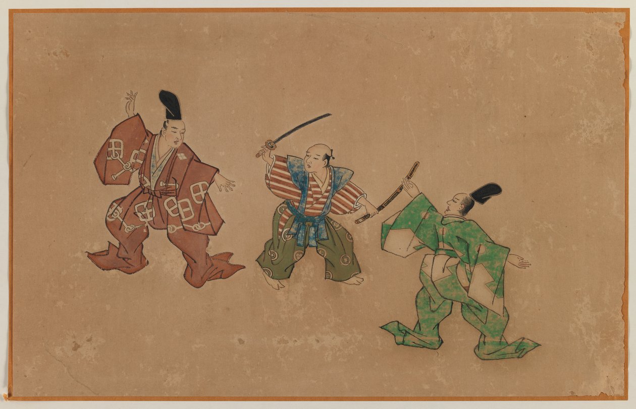 Drawing the Sword, Album Leaf Painting (bläck & färg på papper) av Japanese School