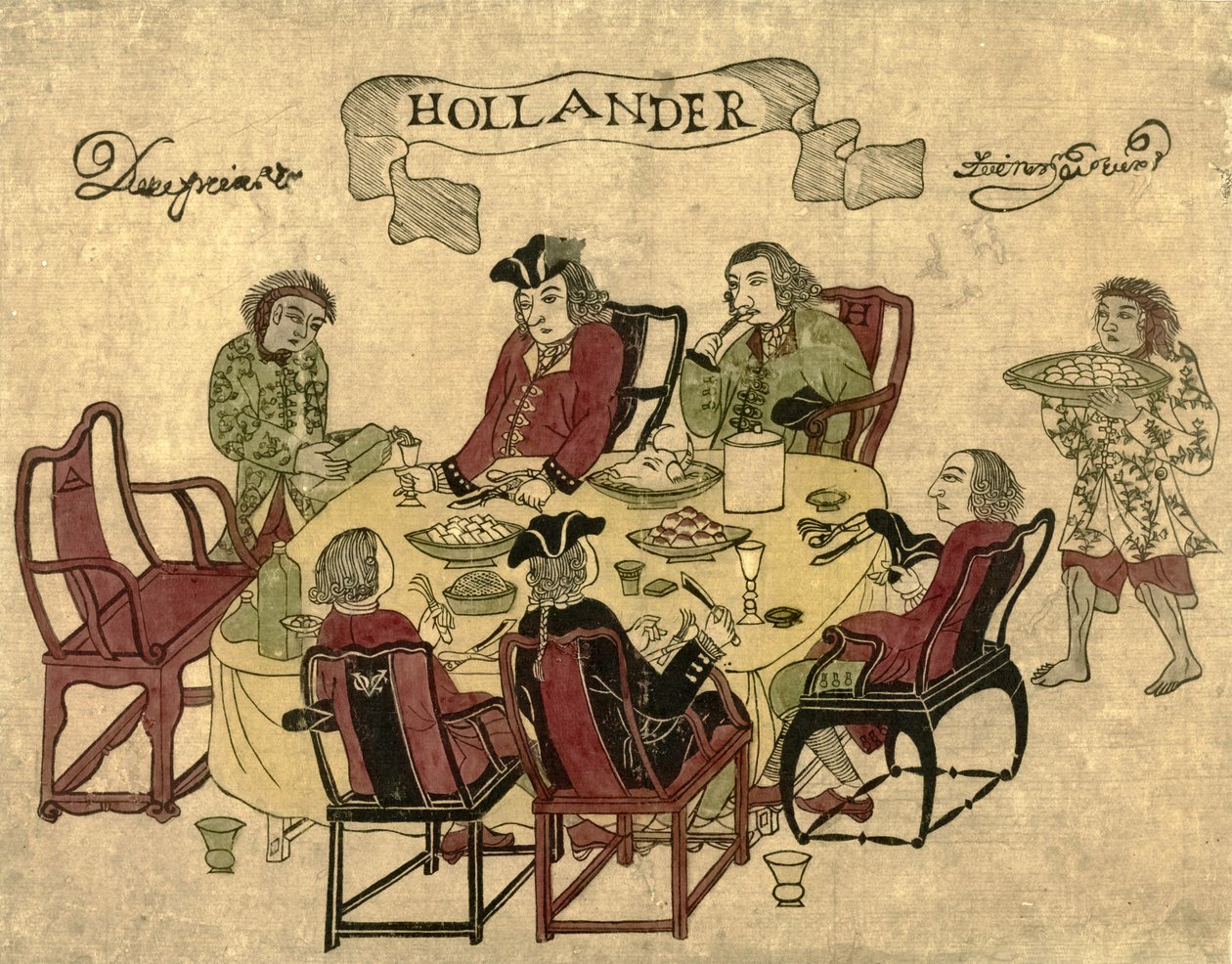 Holländska VOC-anställda som serverades en måltid av javanesiska tjänare i Deshima, 1790-1810 av Japanese School