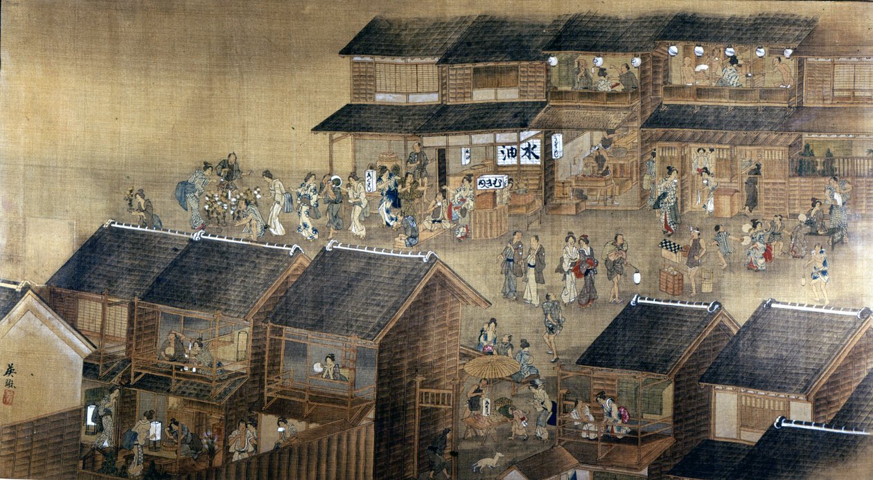 Edo by Night (bläck & färg på papper) av Japanese School