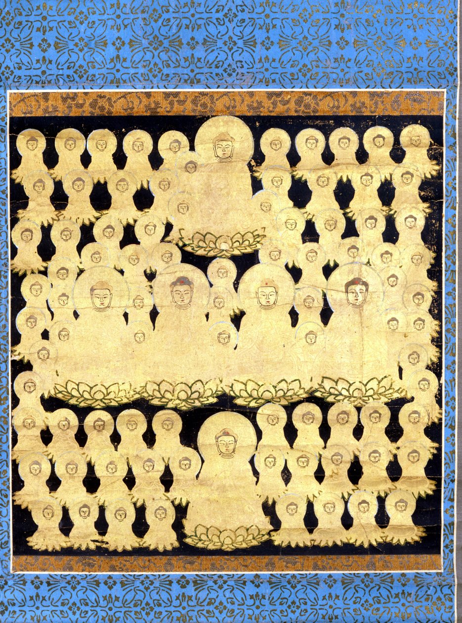 Åttiofem föreställningar av den japanska Buddha Amida Bosatsu. Målning på duk från 1600-talet. av Japanese School