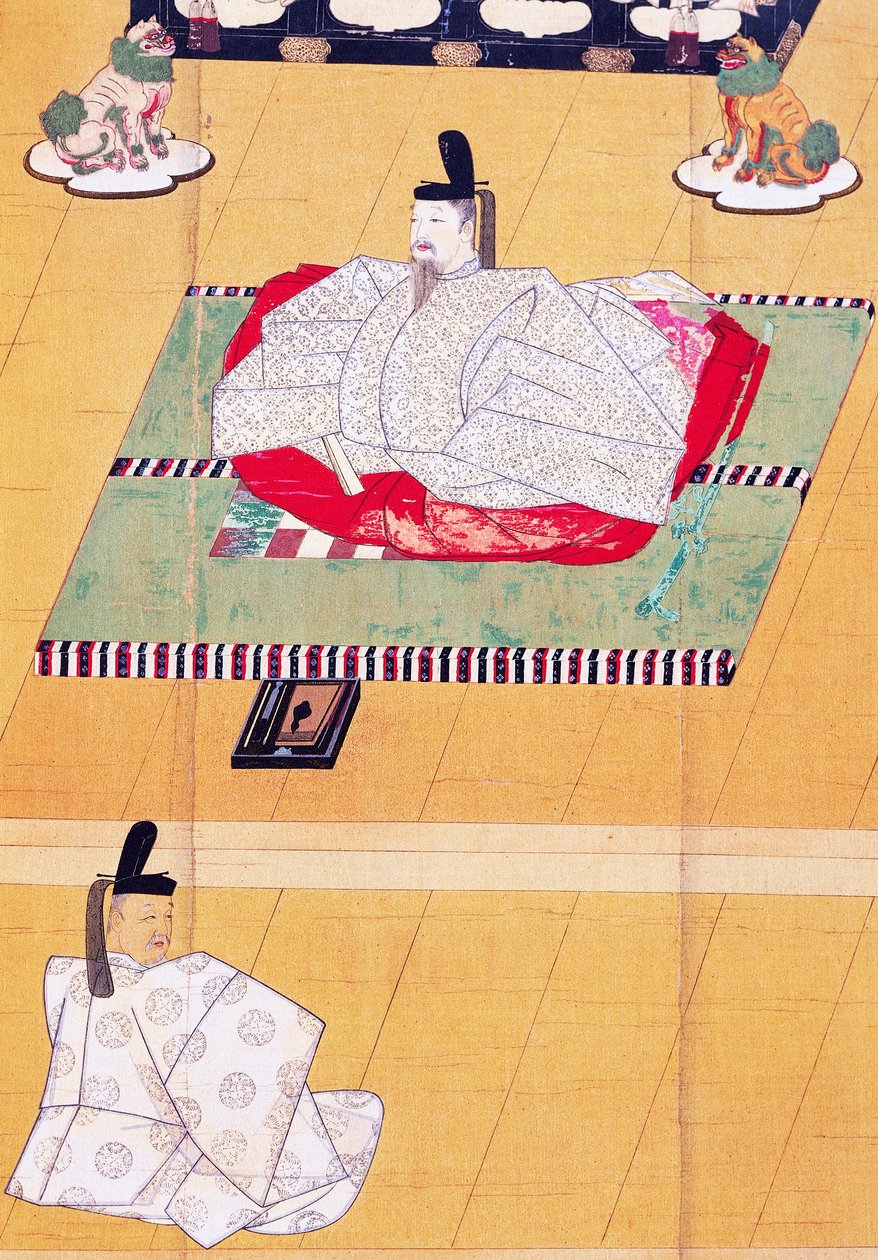 Kejsar Go-Daigo och minister Fujifusa, träsnitt, Kamakura-perioden (1185-1333), japansk civilisation av Japanese School