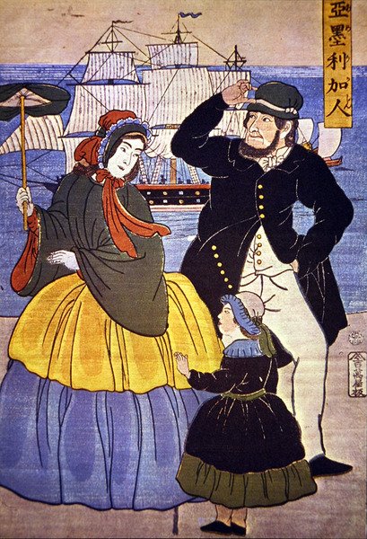 Europeisk familj vid Yokohamas hamnfront målad av en japansk konstnär 1861 av Japanese School