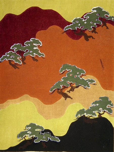 Tygdesign av berg med träd, slutet av artonhundratalet (akvarell) av Japanese School