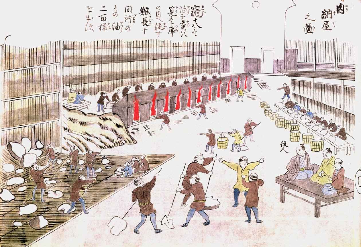 Fabrik för beredning av valprodukter, sent 1800-tal (färggravyr) av Japanese School