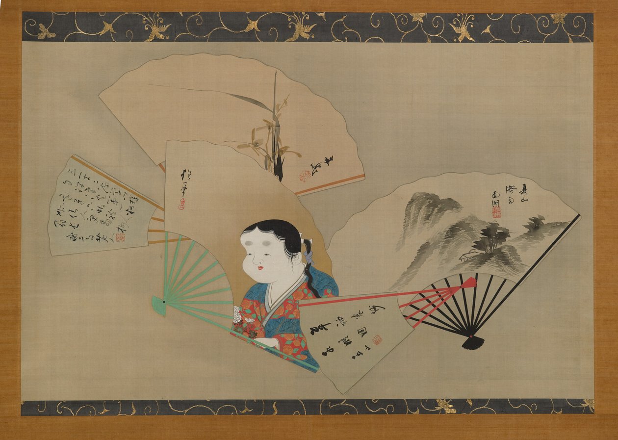 Fem fans, av Sakai Hoitsu (1761-1828), Tani Buncho (1763-1840), Haruki Nanko (1759-1839), Kameda Bosai (1752-1826) och Kikuchi Gozan (1772-1855), ca 1820-talet (hängande rulle ) , bläck, gofun & guld på siden) av Japanese School